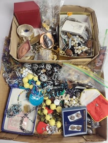 Loaded jewelry lot including beads, necklaces, pins, bracelets, earrings, brooches and more