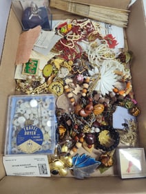 Loaded jewelry lot inc. earrings, watches, buttons, pins, brooches, pearls, beads and more