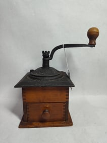 Dovetailed wood hand crank coffee grinder