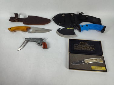 Assorted lot of knives including folding and fixed blade. Sharp, Red Deer, Hunt Down and more
