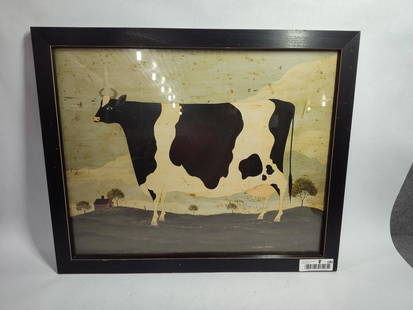 Framed Warren Kimble rustic folk art dairy cow print: good newer farmhouse condition 18 x 22