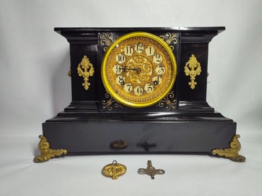 Black Slate gilded Ansonia ornate footed mantel clock