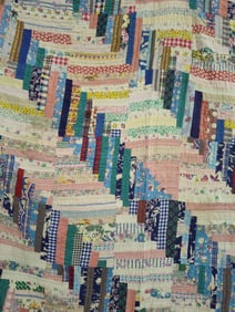 1952 Hand stitched log cabin style feed sack quilt