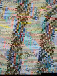 1952 Hand stitched log cabin style feed sack quilt: showing areas of missing fabric as well as thinning and areas in need of repair with soiling due to age and usage86? x 68