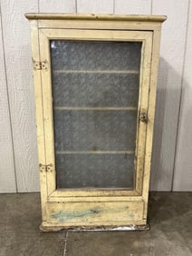 Primitive wood eggshell painted privacy glass front one drawer one door shelved wall cabinet