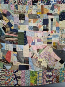Antique hand stitched Child's knotted reversible floral back crazy quilt