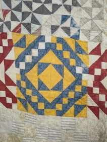 Early hand stitched multi windmill/pinwheel and block patchwork feed sack quilt