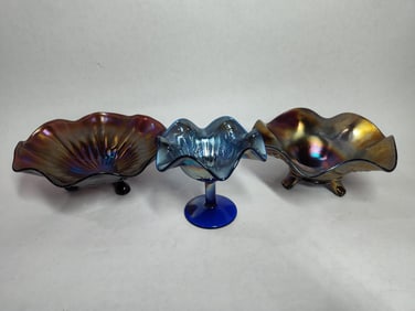 Vtg. Fenton Cobalt Carnival stemmed dish, Northwood footed carnival dish lot
