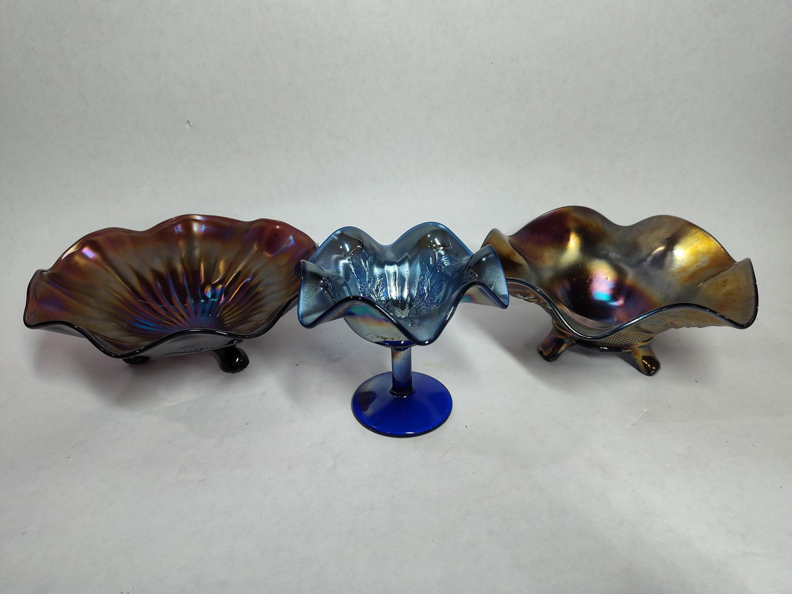 Vtg. Fenton Cobalt Carnival stemmed dish, Northwood footed carnival dish lot (1 of 10)