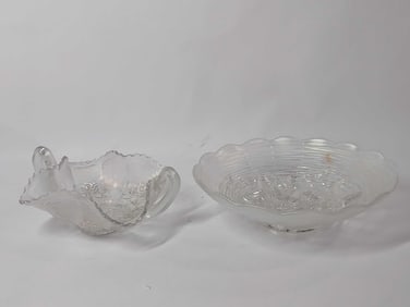 Northwood iridescent white carnival rose fruit bowl & handled pond lily scalloped edge dish
