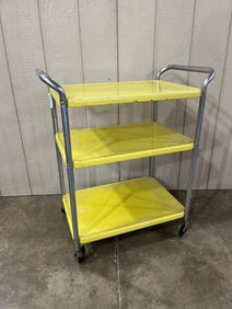 Mid century modern yellow 3 tier metal serving cart on caster