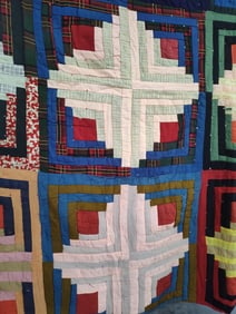 Primitive hand stitched reversible knotted log cabin quilt