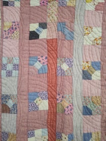 Early hand stitched flannel back tufted block quilt