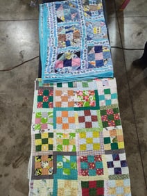 Lot of 2 early hand stitched feed sack patchwork cutter quilts
