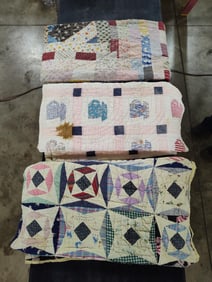 Lot of 3 early hand stitched feed sack patchwork cutter quilts
