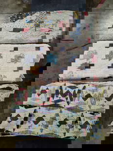 Lot of 3 early hand stitched feed sack patchwork cutter quilts: this lot includes 3 early hand made feed sack quilts that have multiple areas of staining and / or condition issues so this lot would make a great cutter quilt lot for any collector/quilter