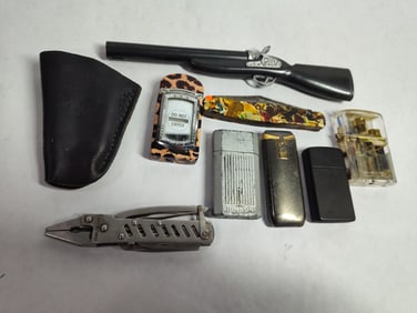 Various Lighters, Knife, and Utility Tool