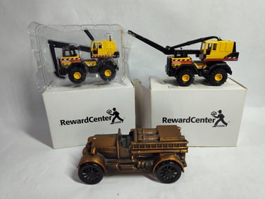 Lot of 2 small scale Tonk models & 1974 Banthrico bronze plated bank music box fire truck