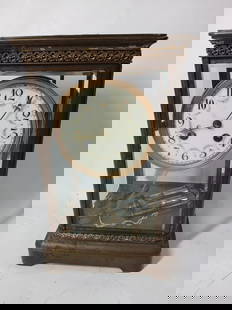 French Floral Porcelain Face Regulator Clock: Beveled glass panels and brass sides. 11x7x5. Includes key and mercury filled pendulum. Non running