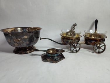 Silver plate compote, berry relish set and tea strainers