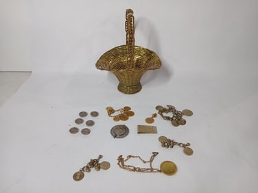 Imported brass woven basket w/ coin jewelry, money clip, buttons and more