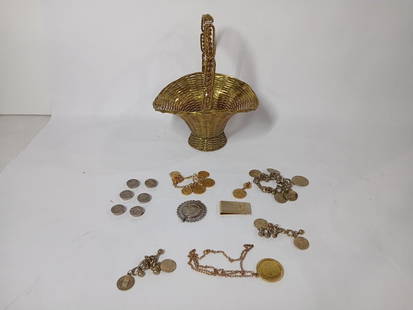 Imported brass woven basket w/ coin jewelry, money clip, buttons and more: this lot is sure to please as shown in photos?basket 11 H?