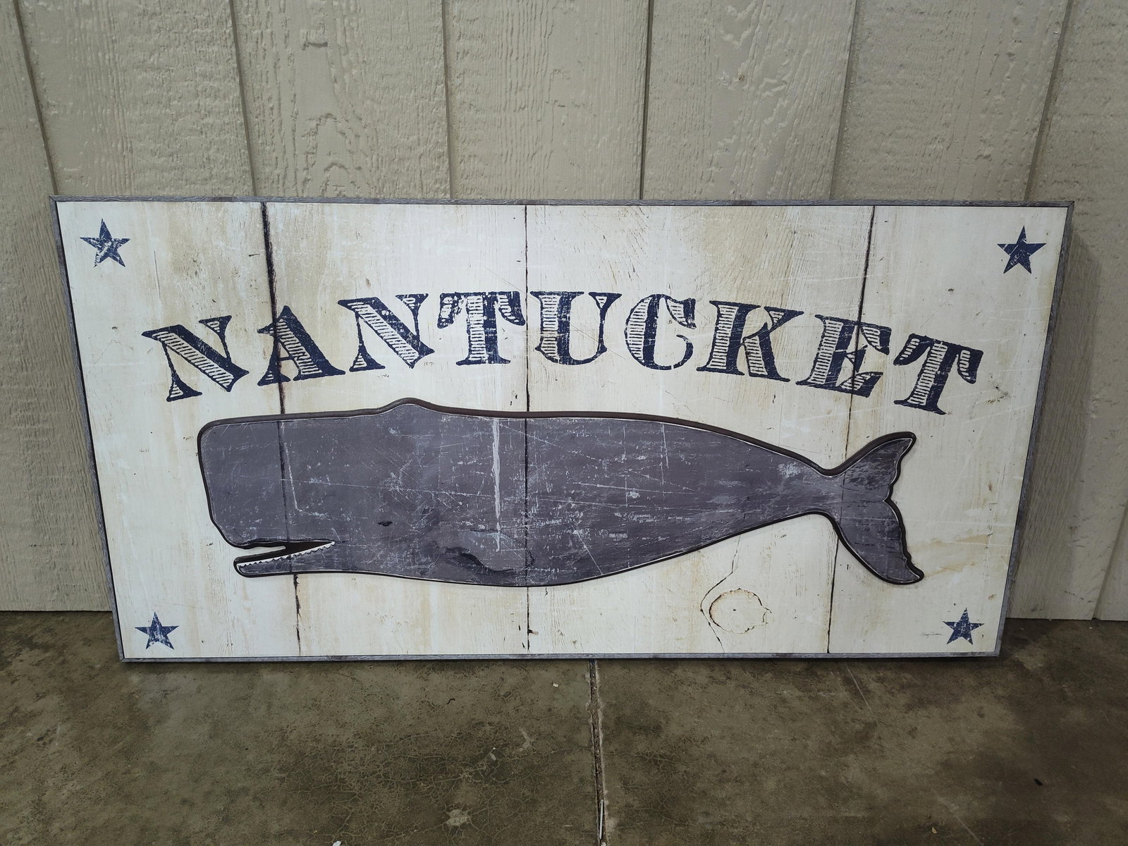 Nantucket self framed plastic and cardboard canvas whale wall hanging: 21 x 41hook for hanging needs repair?this is a new home decor sign?