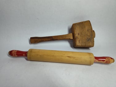 Primitive red handled rolling pin & Emir mallet