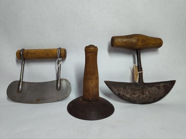 Primitive lot inc. wood handled hog scraper and 2 hand choppers