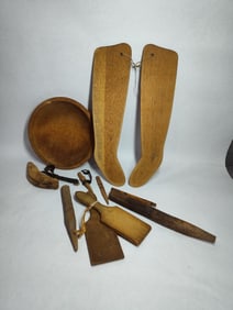 Primitive wood lot inc. wood bowl, huskers, sock stretchers, butter churners / paddles and more