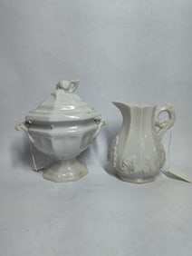 Ironstone handled creamer and lidded sugar compote