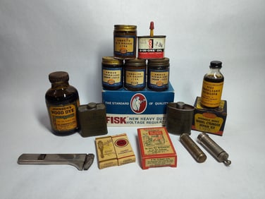 Early advertising lot inc. jars, tins, bottles, nos Fisk, Amoco, US Military and more