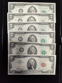 Lot of 6- 1976 US 2 Dollar Notes inc. 4 D's and 1 E as well as 1963 Red Seal 2 dollar note