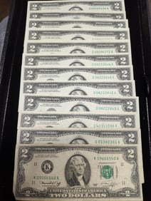 Lot of 12 / 1976 US Two Dollar Notes inc. D, G & K