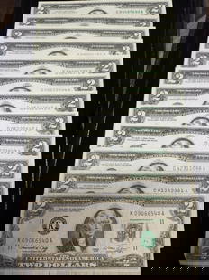 Lot of 12 / 1976 US Two Dollar Notes inc. D, G & K: Lot includes 12 US 2 Dollar bills