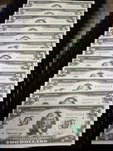 Lot of 12 / 1976 US Two Dollar Notes inc. D, E, I, G: This is a great collector lot of US 2 Dollar bills includes 12includes 9 D&#39;s1 E, I, G?