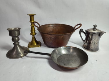 Copper, brass and pewter lot inc. candle holders, pot, skillet and creamer