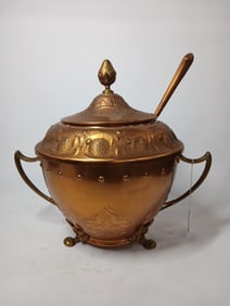 German copper handled/footed/lidded tureen w/ ladle and collar