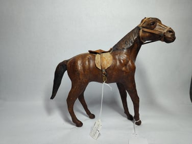 Early hand crafted leather wrapped horse w/ saddle India