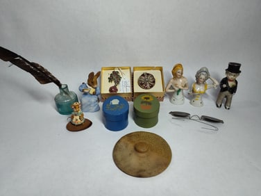 Early lot of small figurines, inkwell, Monet pin and trinket box, crock lid, glasses and more