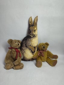 Lot of 3 stuffed animals inc. Rugby jointed bear, Heartfelt jointed bear & Arnold Print Works rabbit