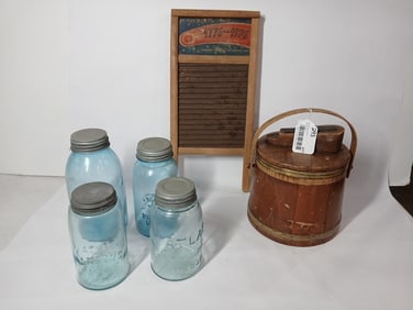 Primitive lot inc. Bicentennial washboard, shoe shine firkin and 4 blue ball jars w/ zinc lids