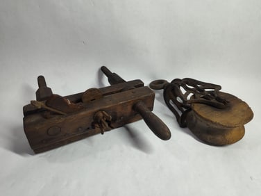 Primitive wood block clamp plane and wood pulley