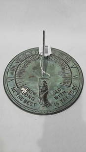 Brass Grow Old with Me Sundial: 9.5 inches in diameter. Heavy metal with some oxidization.