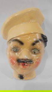 Chalkware Chef String Holder: A few areas of scratches but no major chips or cracks. Glaze shows some spider webbing. 8x5