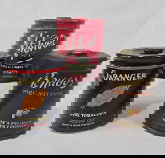 Tobacco Cans: Velvet, Briggs, and Granger. Each includes lid and is 6 inches tall