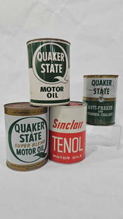 Quaker State & Sinclair One Quart Cans: QS antifreeze can is full.