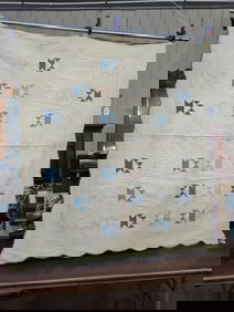 EARLY HAND STITCHED FLORAL BASKET SCALLOPED EDGE QUILT