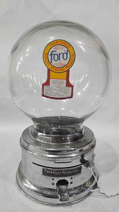 Ford Gumball Machine: Model 158912, with large round glass dispenser and chrome base. 12 inches tall.