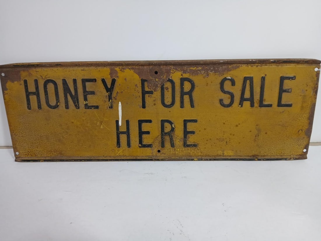 SSS EMBOSSED HONEY FOR SALE HERE SIGN: Showing crackling due to age and weathering 8.5 x 24